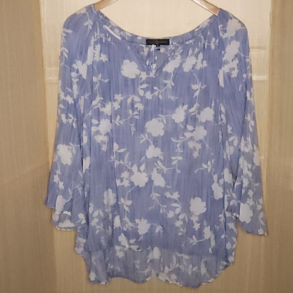 Fred David Womens Plus Blue White Floral Gauzy Top 3X